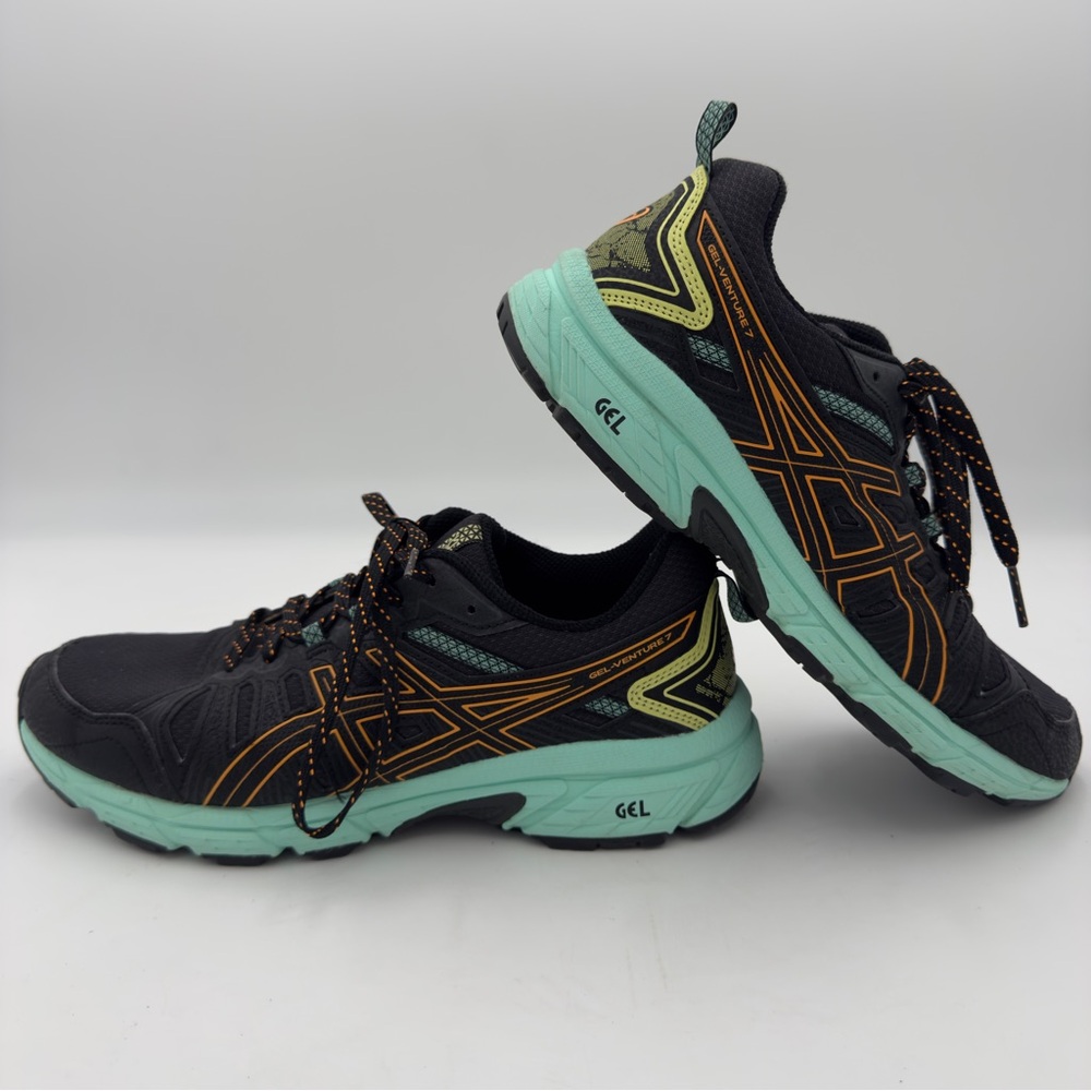 Asics Gel-Venture 7 Womens Sz 8.5 Running Shoes Black Mint Green Orange 1012A476